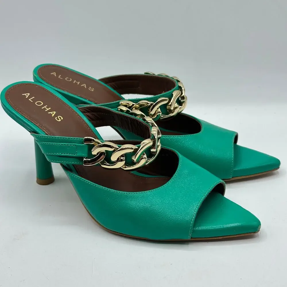 ALOHAS Daisy Heeled Mule Gold Chain Kelly Green Sz 37 / US 6 $195